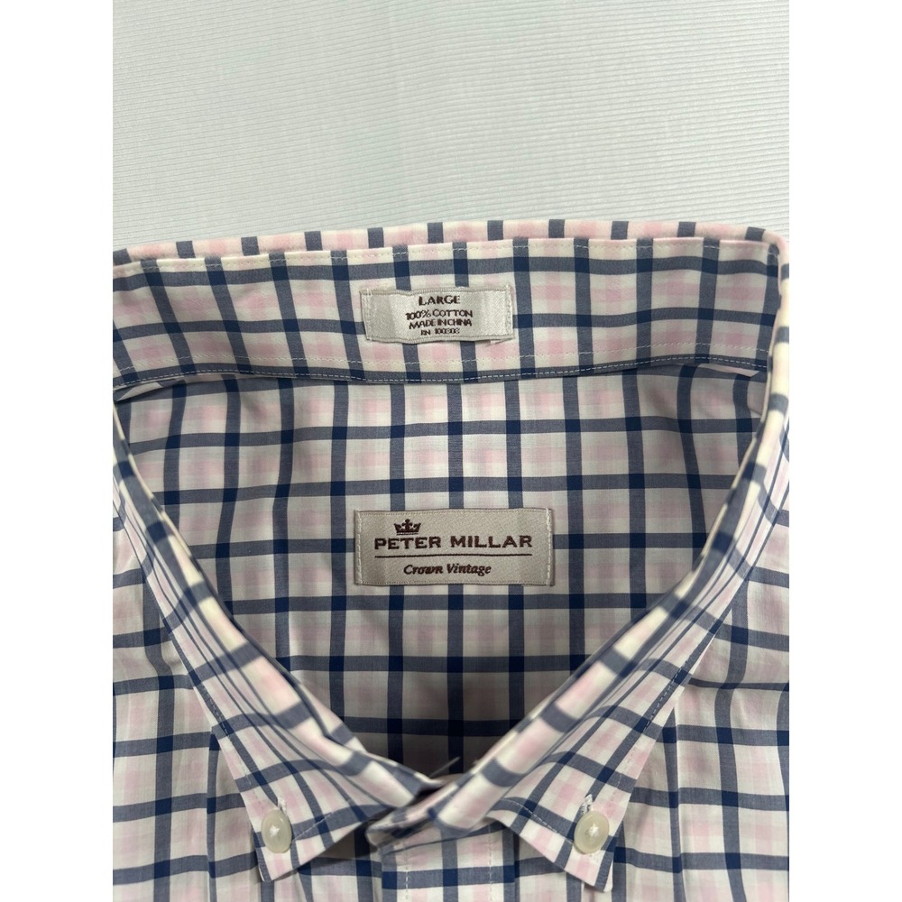 Peter Millar Crown Vintage Mens Large Pink Navy Check Cotton Shirt MS18W42CVL